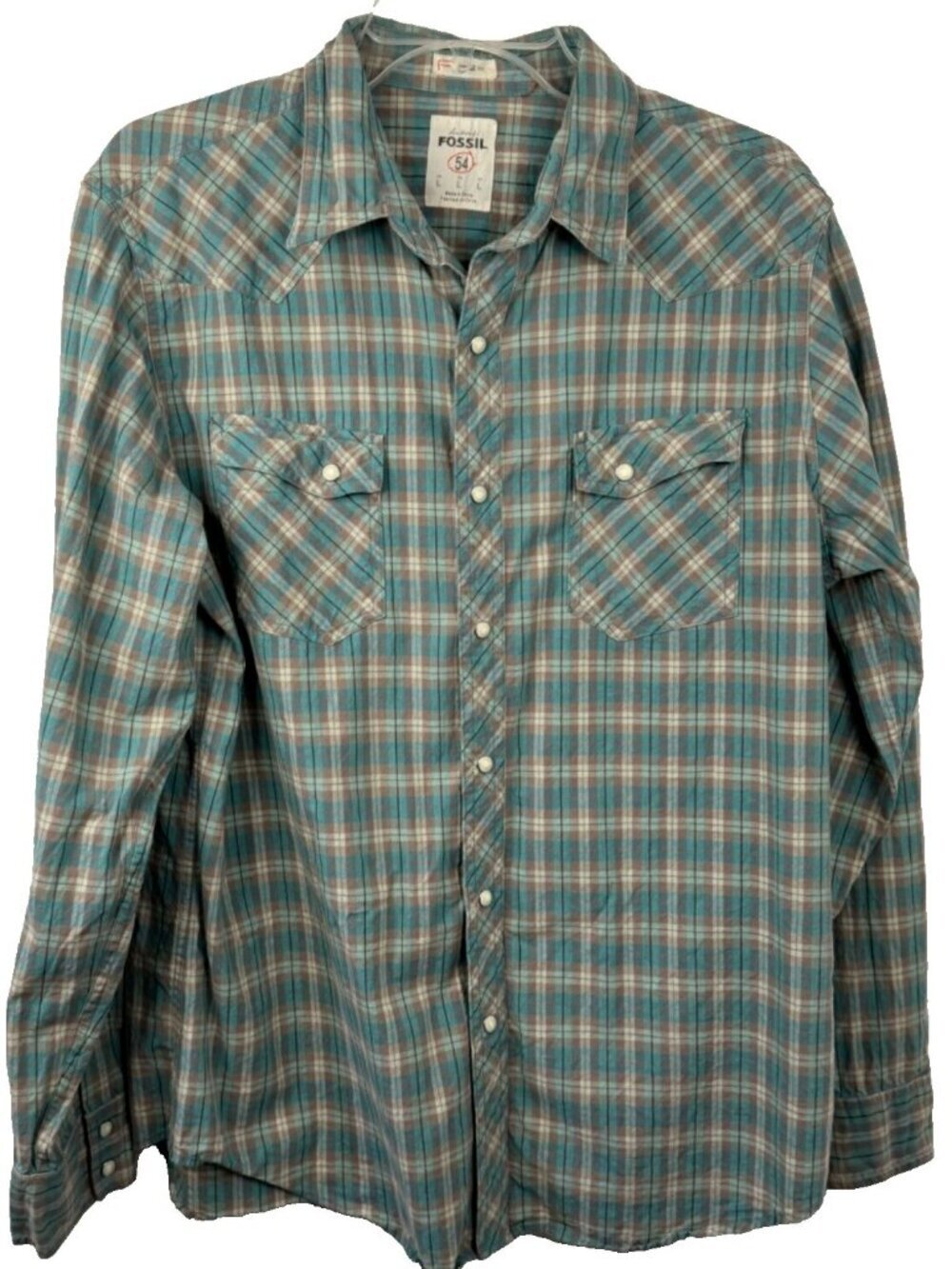 Fossil Vintage Fit Aqua Beige Plaid Long Sleeve Pearl Snap Shirt Men's Lg Casual